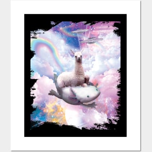 Space Llama Riding Axolotl - Rainbow Posters and Art